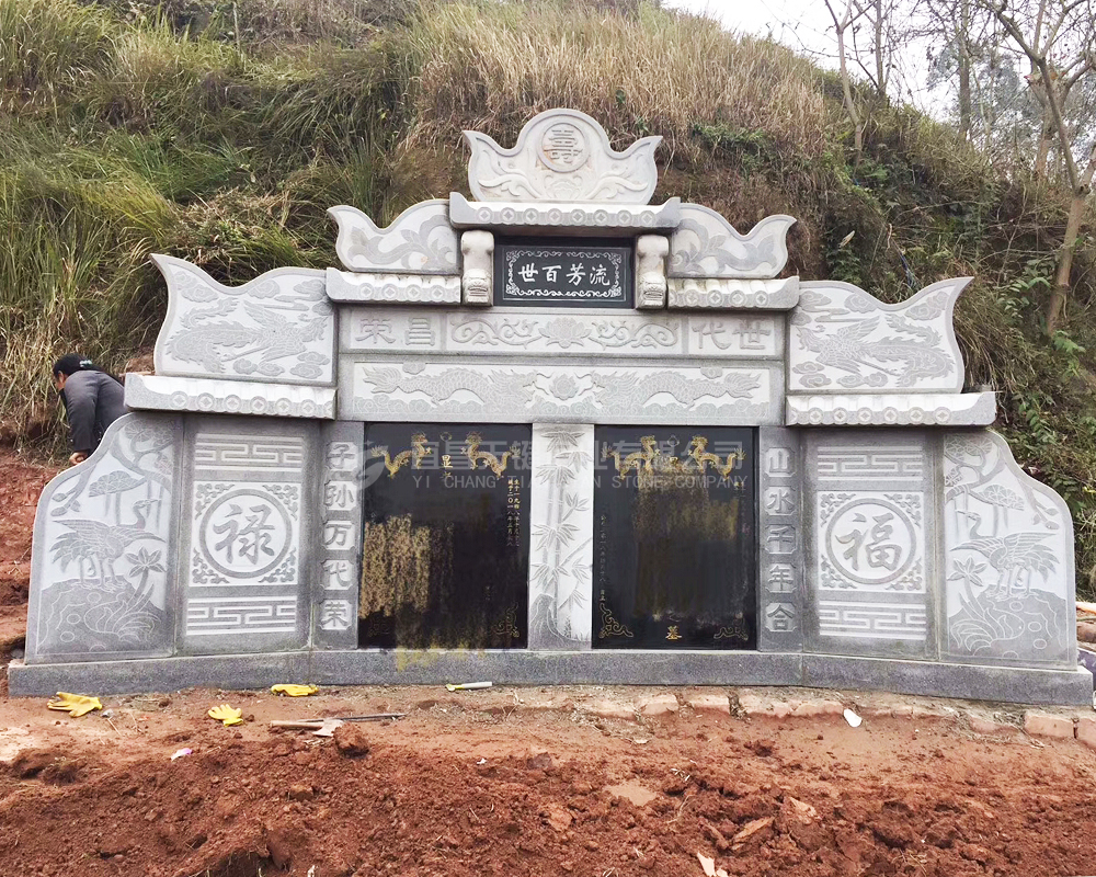 中国黑墓碑土葬立式墓碑父母合葬三层墓jpg